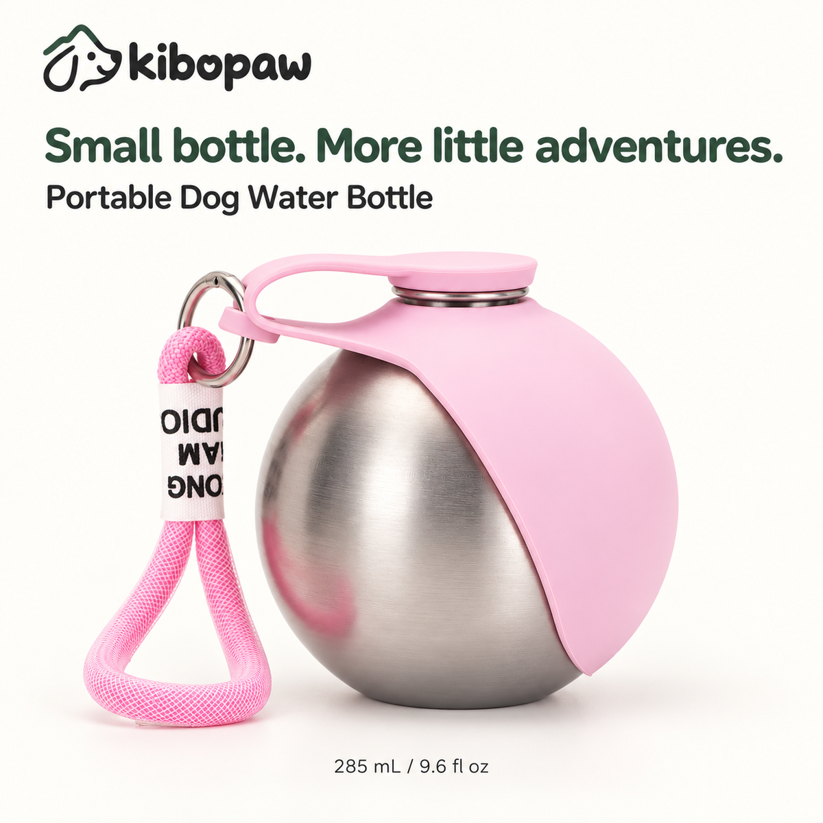 KIBOPAW portable dog water bottle – stainless steel sphere with pink silicone sleeve