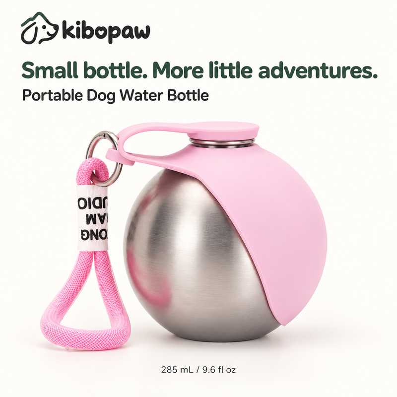 KIBOPAW portable dog water bottle – stainless steel sphere with pink silicone sleeve