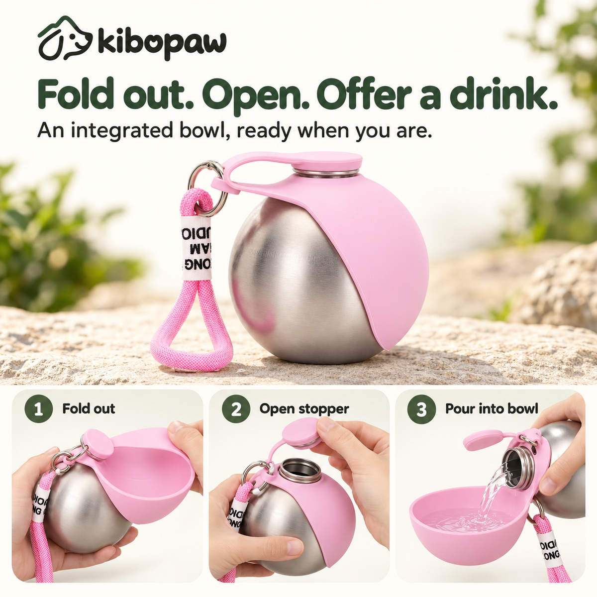 How to use the foldable pet water bottle: fold out bowl, open stopper, pour