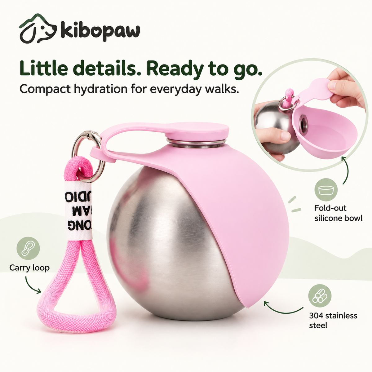 KIBOPAW bottle details: carry loop, fold-out silicone bowl, 304 stainless steel
