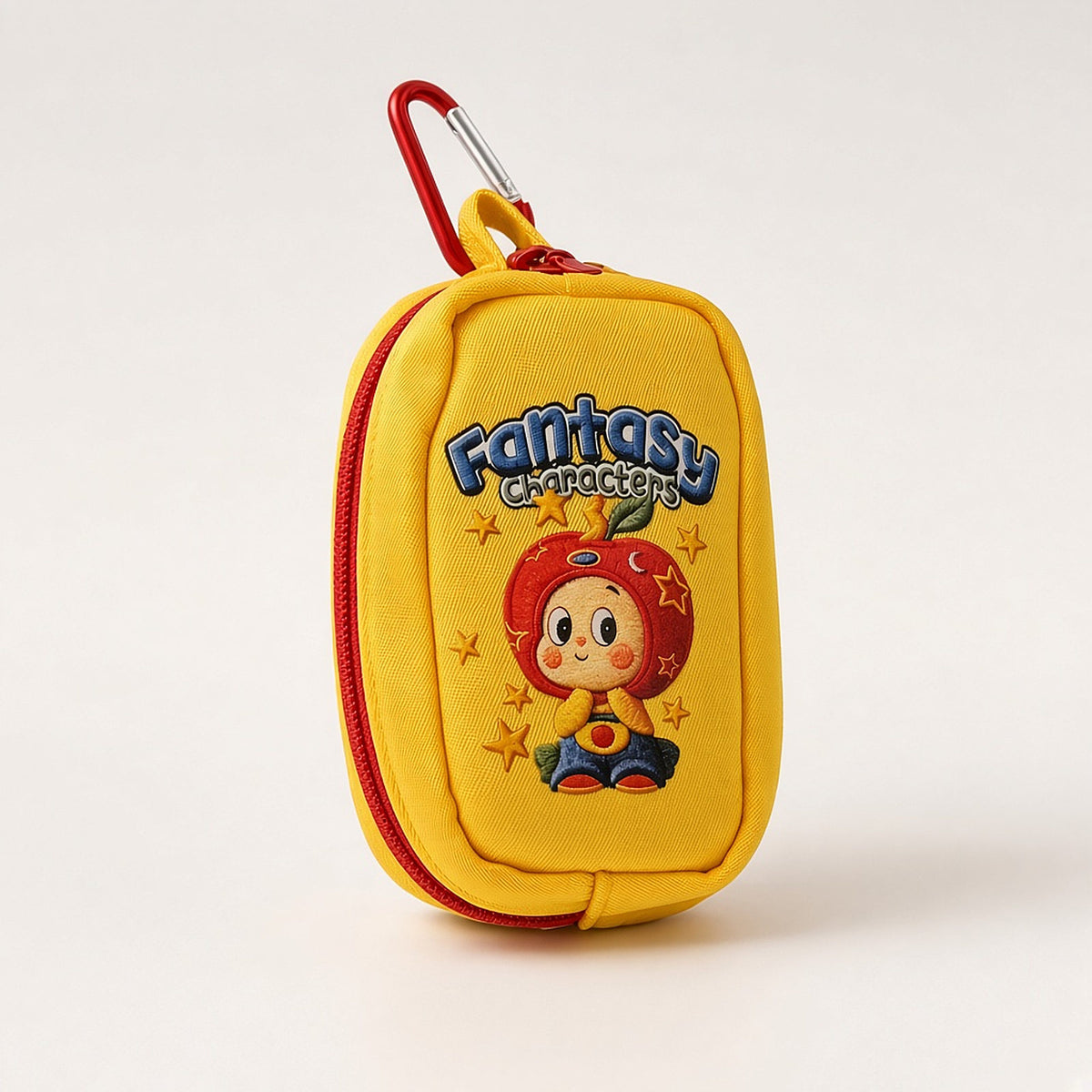 Poop-bag pouch, Fantasy Characters style: yellow with embroidered apple-hat character, red zipper and red carabiner clip