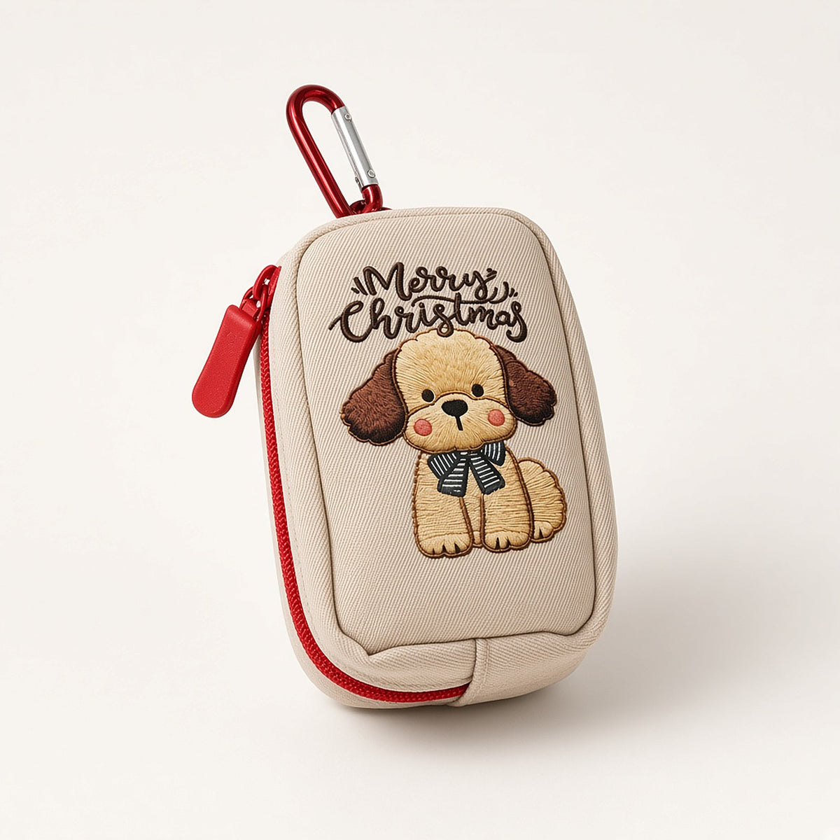 Poop-bag pouch, Merry Christmas style: beige with embroidered puppy, red zipper and red carabiner clip