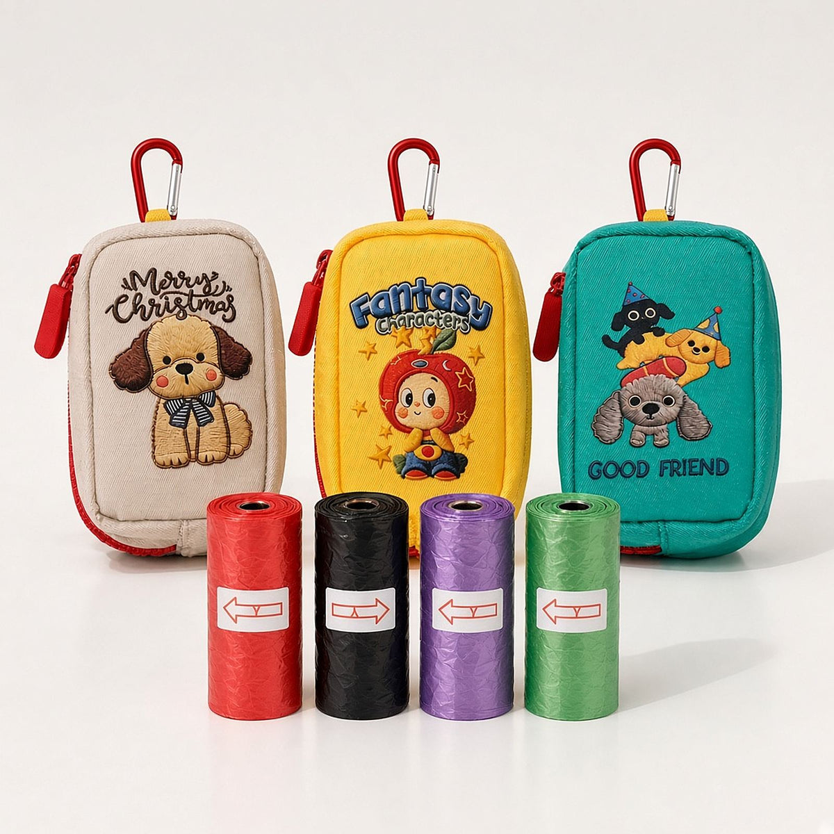 $1 gift: dog poop-bag pouch in 3 embroidered styles (Merry Christmas, Fantasy Characters, Good Friend) with red zipper and red carabiner, plus red, black, purple and green poop-bag rolls