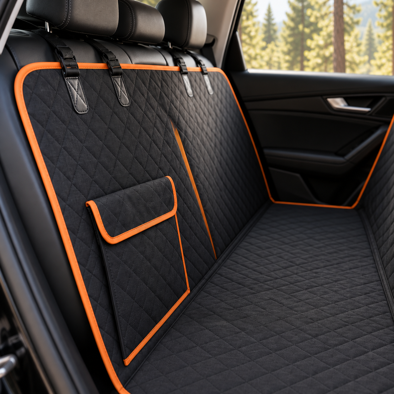 KIBOPAW car seat cover showing quilted fabric, orange piping, and side pocket detail