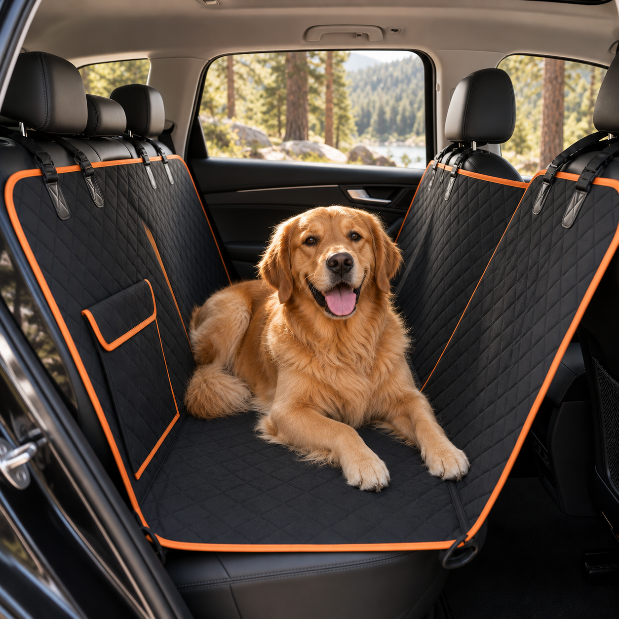Dog relaxing on the KIBOPAW hammock-style rear-seat cover during a road trip