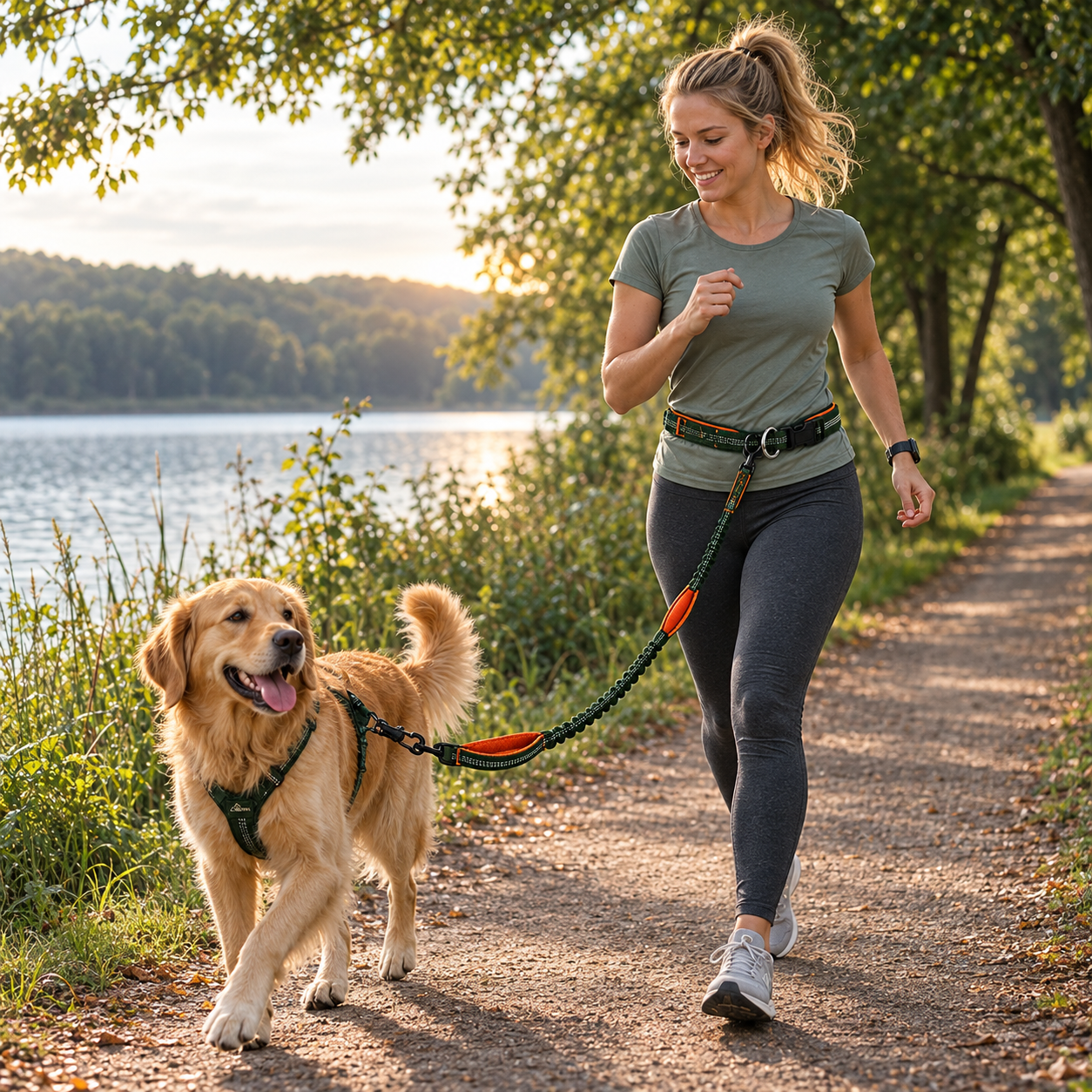 Person walking a dog beside a lake with the KIBOPAW hands-free waist leash