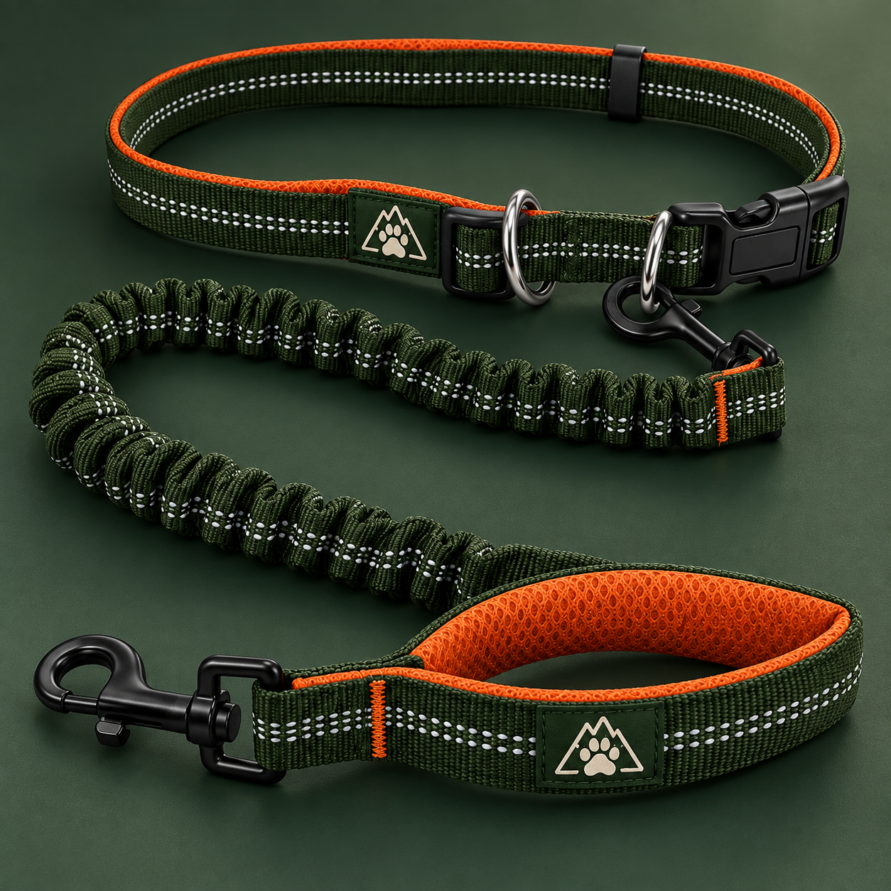 Close view of the KIBOPAW waist leash hardware, reflective stitching, and bungee connection