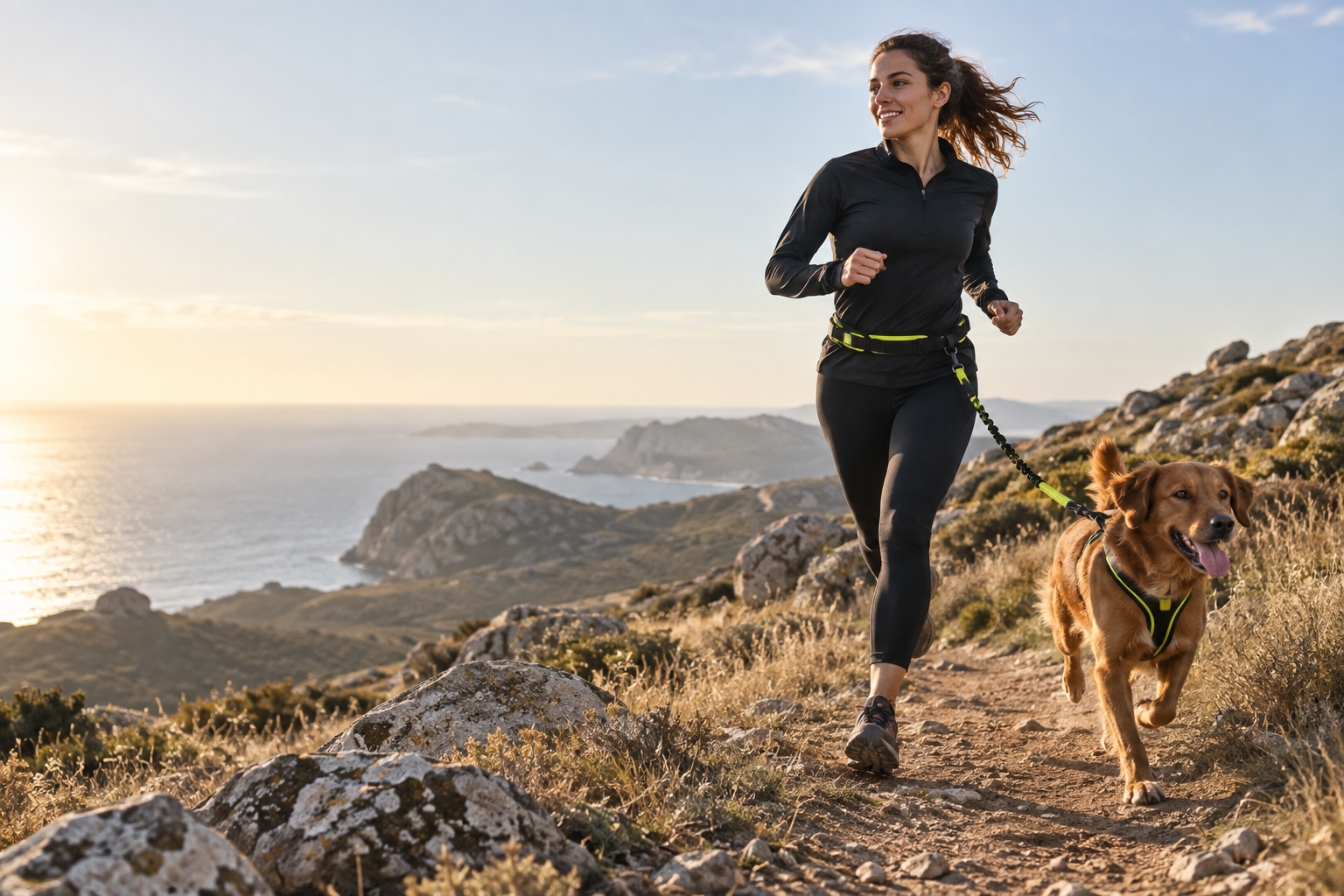 A dog and its human finding their own pace on a coastal trail