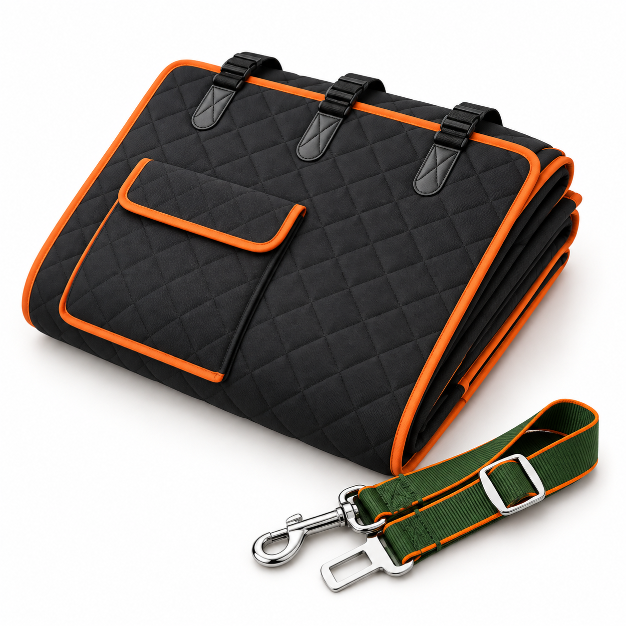 Folded KIBOPAW car seat cover beside its one matching included car tether