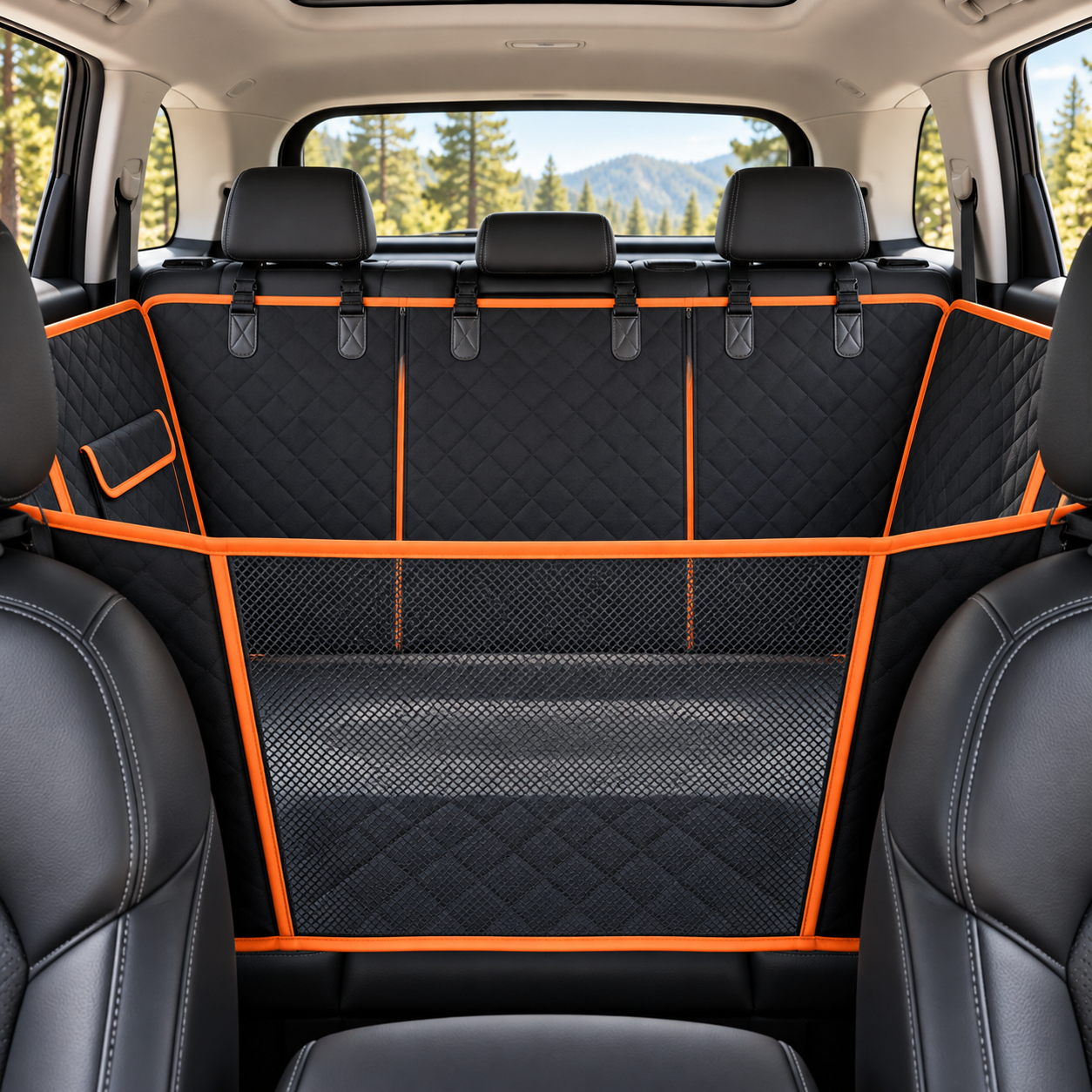 Front-seat view through the mesh panel of the installed KIBOPAW car seat cover