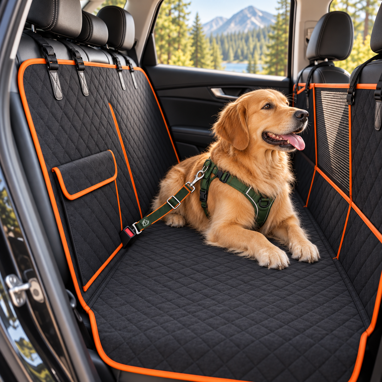 Dog on the KIBOPAW car seat cover attached by the included short car tether to the vehicle buckle