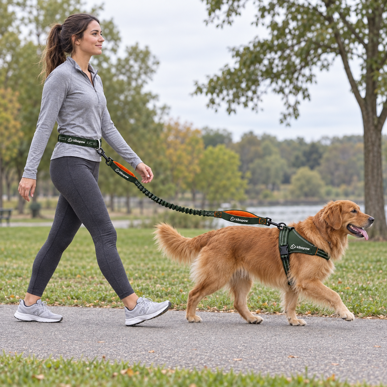 Person walking a dog hands-free with the KIBOPAW waist leash and both padded handles visible